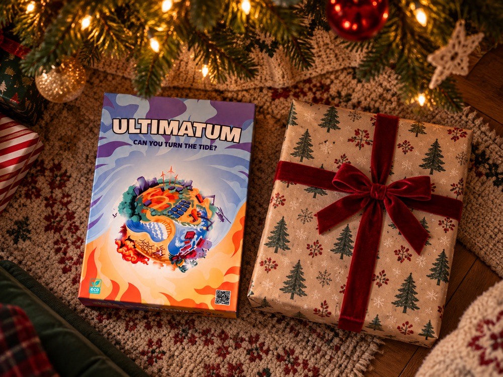 De doos van Ultimatum naast een ingepakt cadeau op een kleed onder de kerstboom, van bovenaf gezien